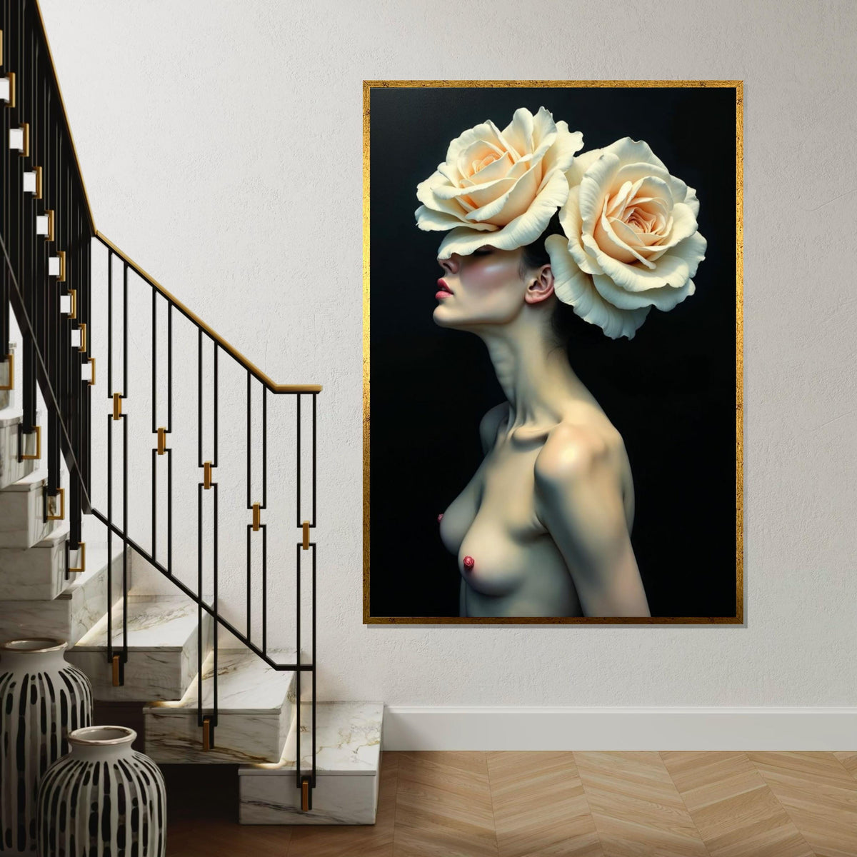 Floral Elegance Canvas, Woman with Roses Art, Flower Headpiece Wall Print, Artistic Portrait Canvas, Wall Art Design, Ready to Hang