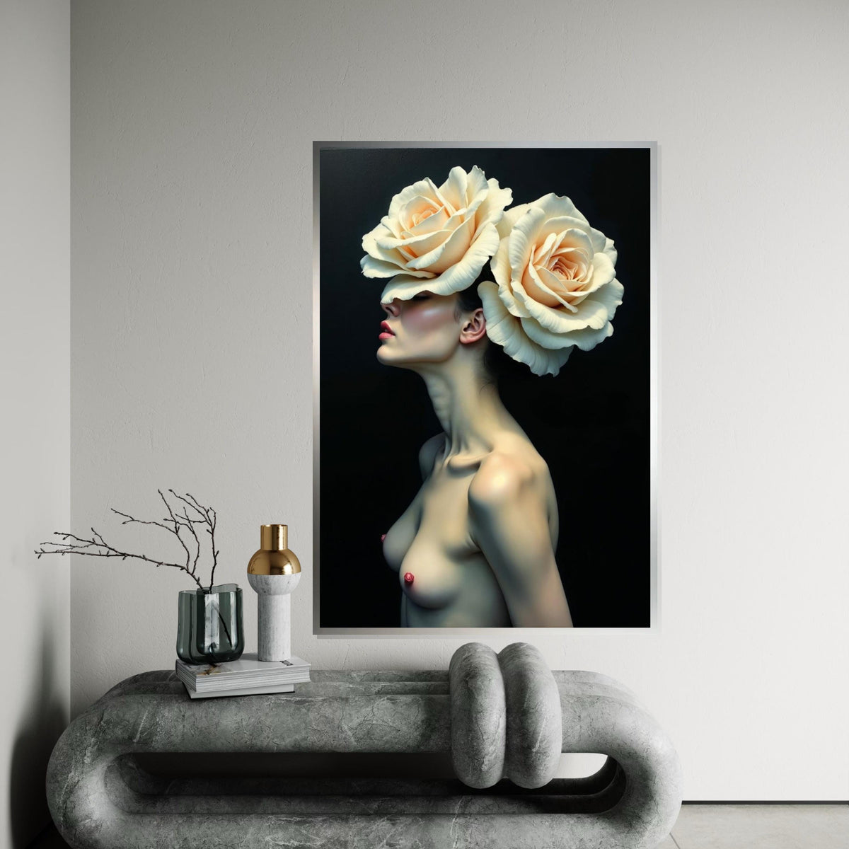 Floral Elegance Canvas, Woman with Roses Art, Flower Headpiece Wall Print, Artistic Portrait Canvas, Wall Art Design, Ready to Hang