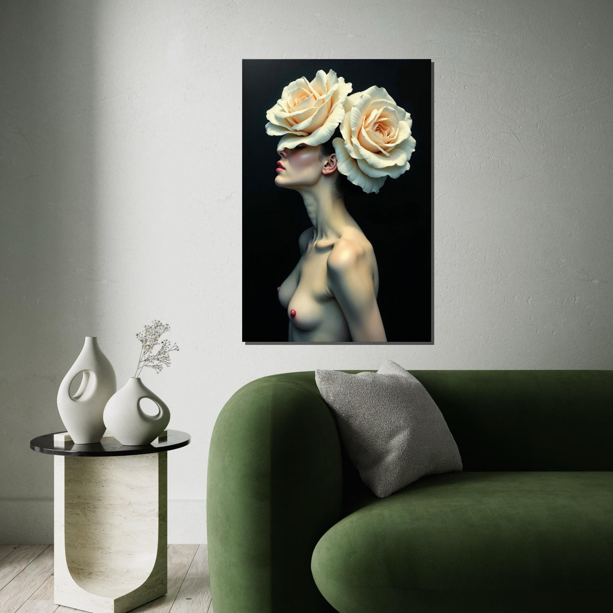 Floral Elegance Canvas, Woman with Roses Art, Flower Headpiece Wall Print, Artistic Portrait Canvas, Wall Art Design, Ready to Hang