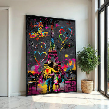Colorful Eiffel Tower, Kids Hugging Canvas, Love Art, Graffiti Style, Wall Art Canvas Design, Ready To Hang Decoration, Life is Beautiful