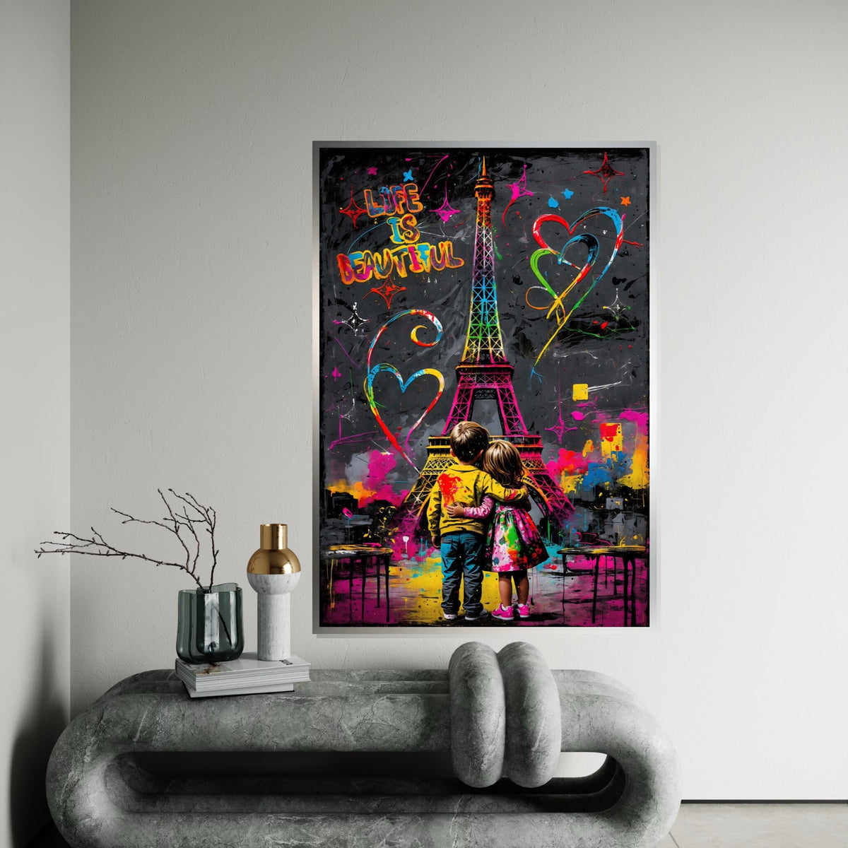 Colorful Eiffel Tower, Kids Hugging Canvas, Love Art, Graffiti Style, Wall Art Canvas Design, Ready To Hang Decoration, Life is Beautiful