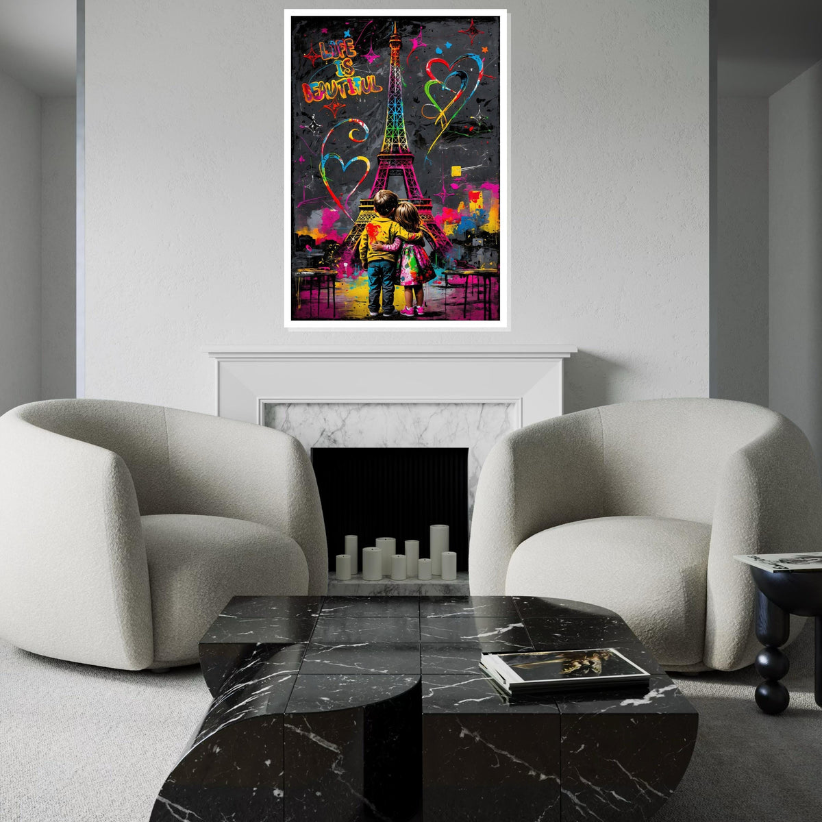 Colorful Eiffel Tower, Kids Hugging Canvas, Love Art, Graffiti Style, Wall Art Canvas Design, Ready To Hang Decoration, Life is Beautiful