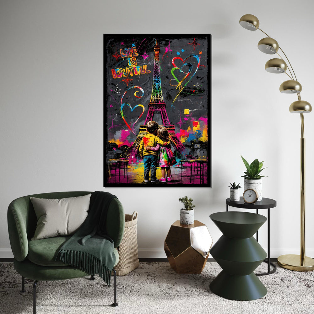 Colorful Eiffel Tower, Kids Hugging Canvas, Love Art, Graffiti Style, Wall Art Canvas Design, Ready To Hang Decoration, Life is Beautiful