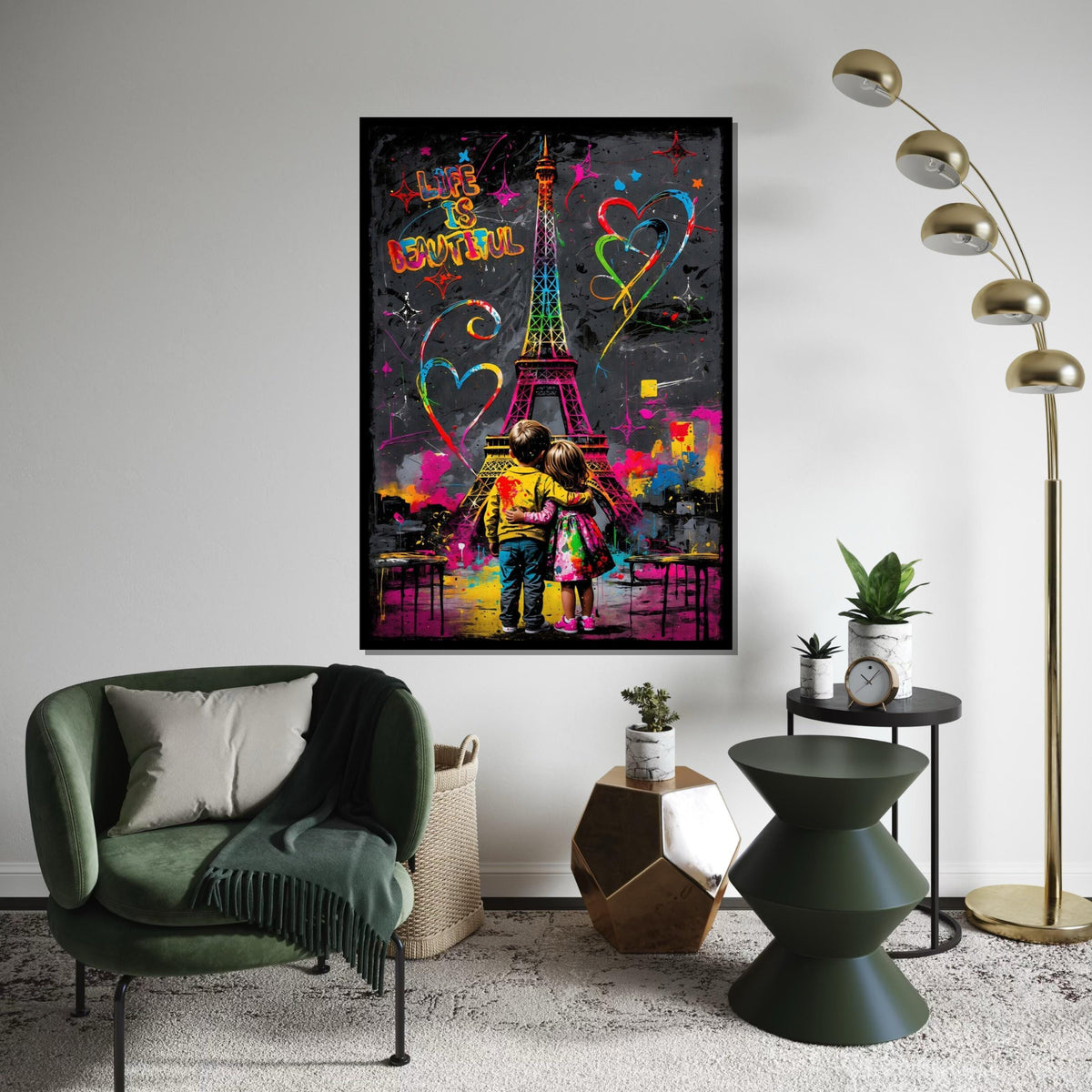 Colorful Eiffel Tower, Kids Hugging Canvas, Love Art, Graffiti Style, Wall Art Canvas Design, Ready To Hang Decoration, Life is Beautiful