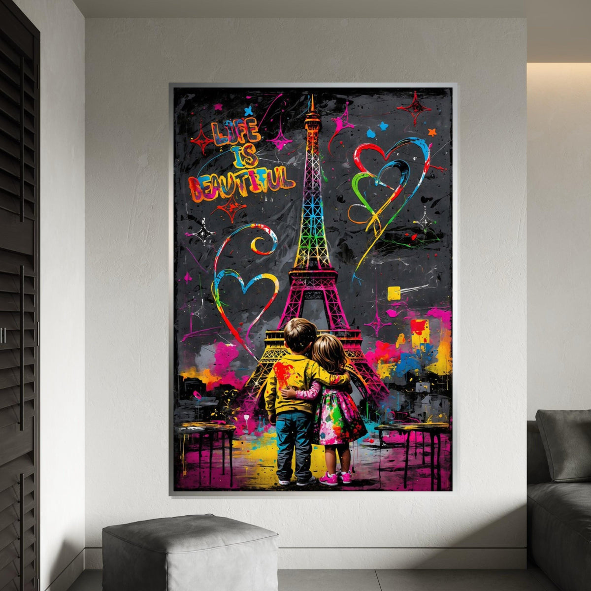 Colorful Eiffel Tower, Kids Hugging Canvas, Love Art, Graffiti Style, Wall Art Canvas Design, Ready To Hang Decoration, Life is Beautiful