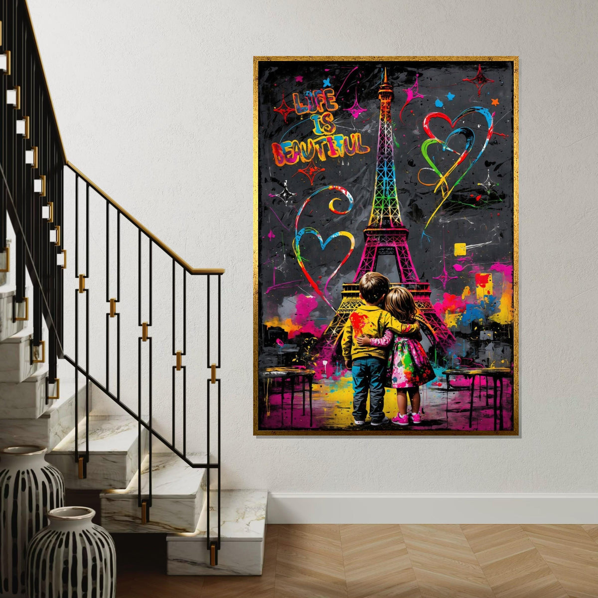 Colorful Eiffel Tower, Kids Hugging Canvas, Love Art, Graffiti Style, Wall Art Canvas Design, Ready To Hang Decoration, Life is Beautiful