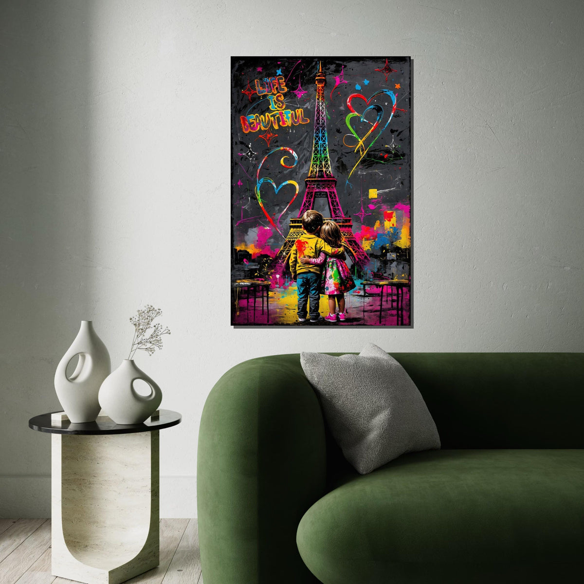 Colorful Eiffel Tower, Kids Hugging Canvas, Love Art, Graffiti Style, Wall Art Canvas Design, Ready To Hang Decoration, Life is Beautiful