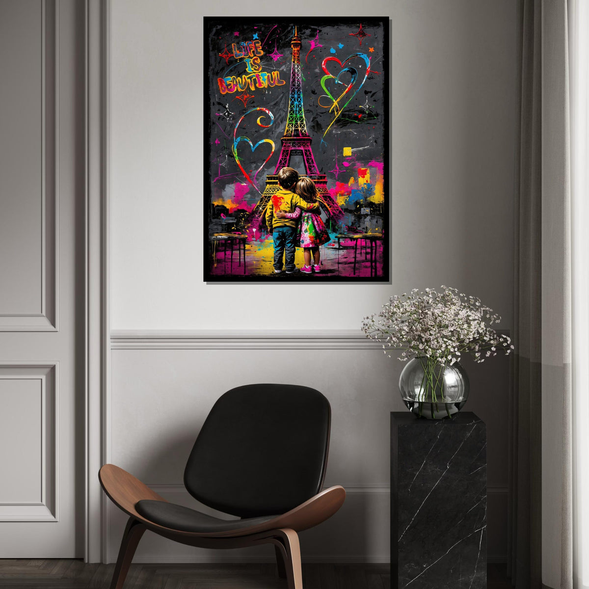 Colorful Eiffel Tower, Kids Hugging Canvas, Love Art, Graffiti Style, Wall Art Canvas Design, Ready To Hang Decoration, Life is Beautiful