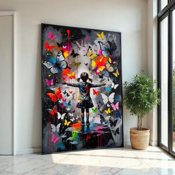 Colorful Butterfly Girl Canvas, Butterfly Wall Art, Vibrant Art Poster, Childrens Room Decor, Wall Art Canvas Design, Ready to Hang