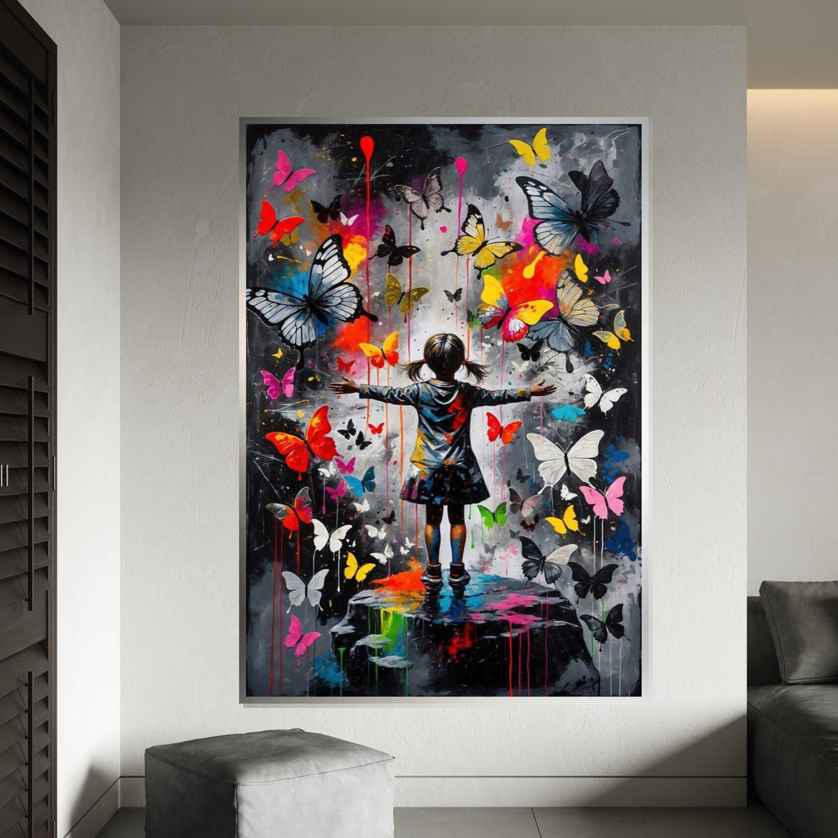 Colorful Butterfly Girl Canvas, Butterfly Wall Art, Vibrant Art Poster, Childrens Room Decor, Wall Art Canvas Design, Ready to Hang