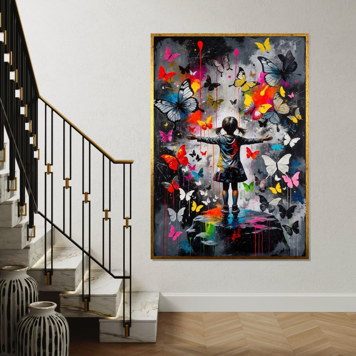 Colorful Butterfly Girl Canvas, Butterfly Wall Art, Vibrant Art Poster, Childrens Room Decor, Wall Art Canvas Design, Ready to Hang