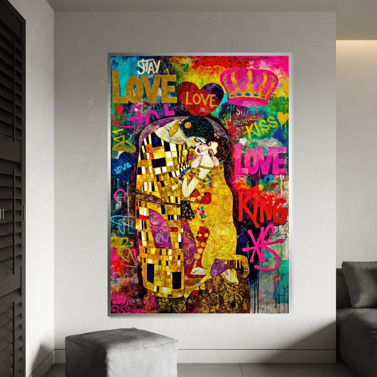 Romantic Colorful Kiss Canvas, Love Graffiti Wall Art, Klimt Inspired Art, Abstract Canvas Design, Ready to Hang Decoration
