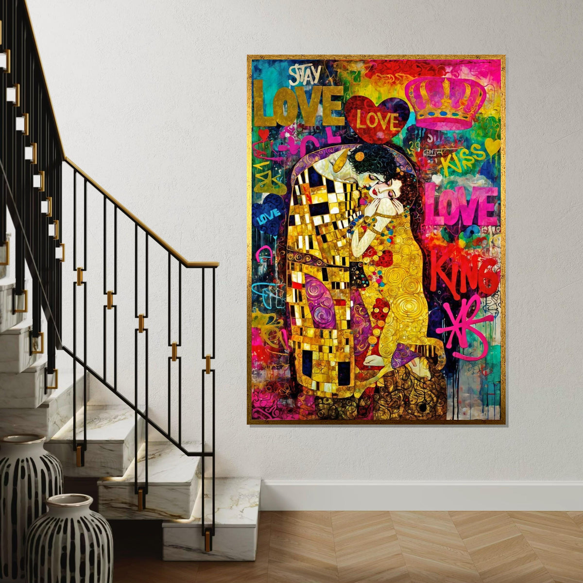 Romantic Colorful Kiss Canvas, Love Graffiti Wall Art, Klimt Inspired Art, Abstract Canvas Design, Ready to Hang Decoration
