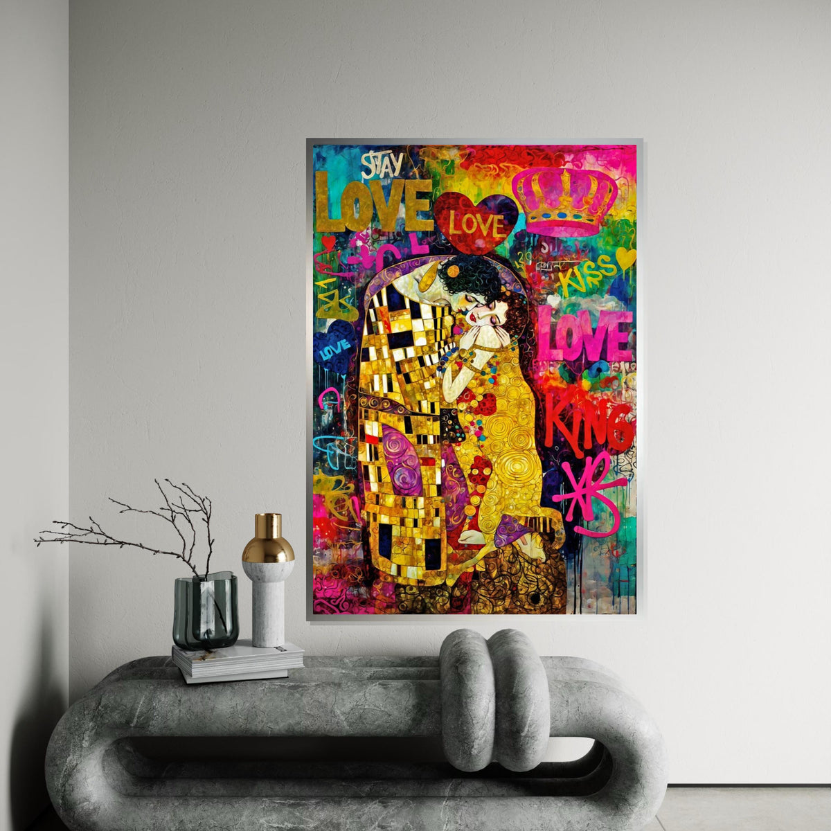 Romantic Colorful Kiss Canvas, Love Graffiti Wall Art, Klimt Inspired Art, Abstract Canvas Design, Ready to Hang Decoration