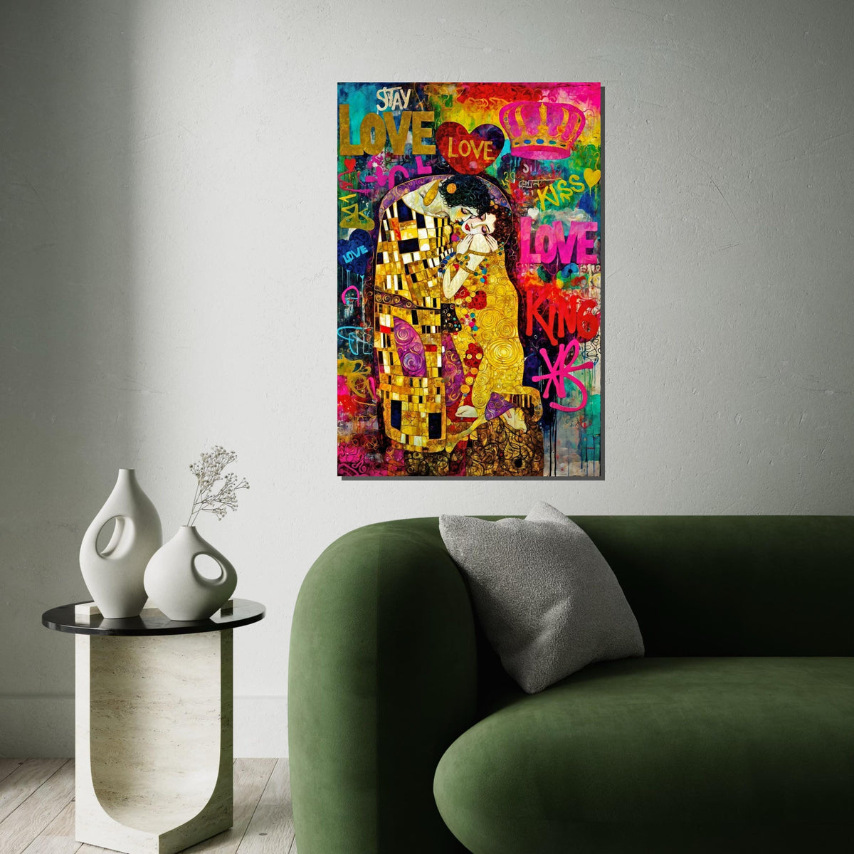 Romantic Colorful Kiss Canvas, Love Graffiti Wall Art, Klimt Inspired Art, Abstract Canvas Design, Ready to Hang Decoration