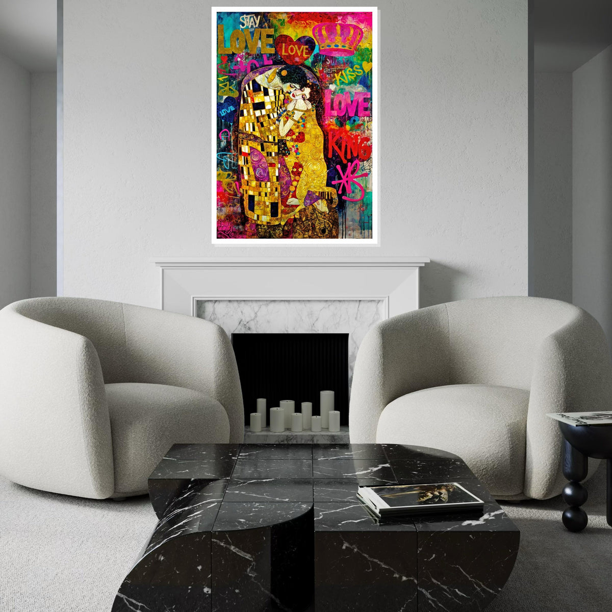 Romantic Colorful Kiss Canvas, Love Graffiti Wall Art, Klimt Inspired Art, Abstract Canvas Design, Ready to Hang Decoration