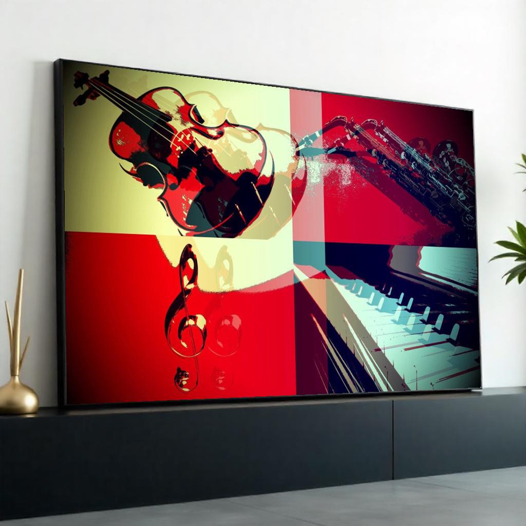Jazz Quartet Canvas, Musical Instruments Art, Violin and Saxophone Print, Piano Wall Art, Colorful Music Decor, Ready to Hang Canvas