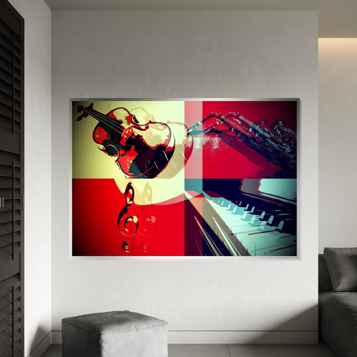 Jazz Quartet Canvas, Musical Instruments Art, Violin and Saxophone Print, Piano Wall Art, Colorful Music Decor, Ready to Hang Canvas