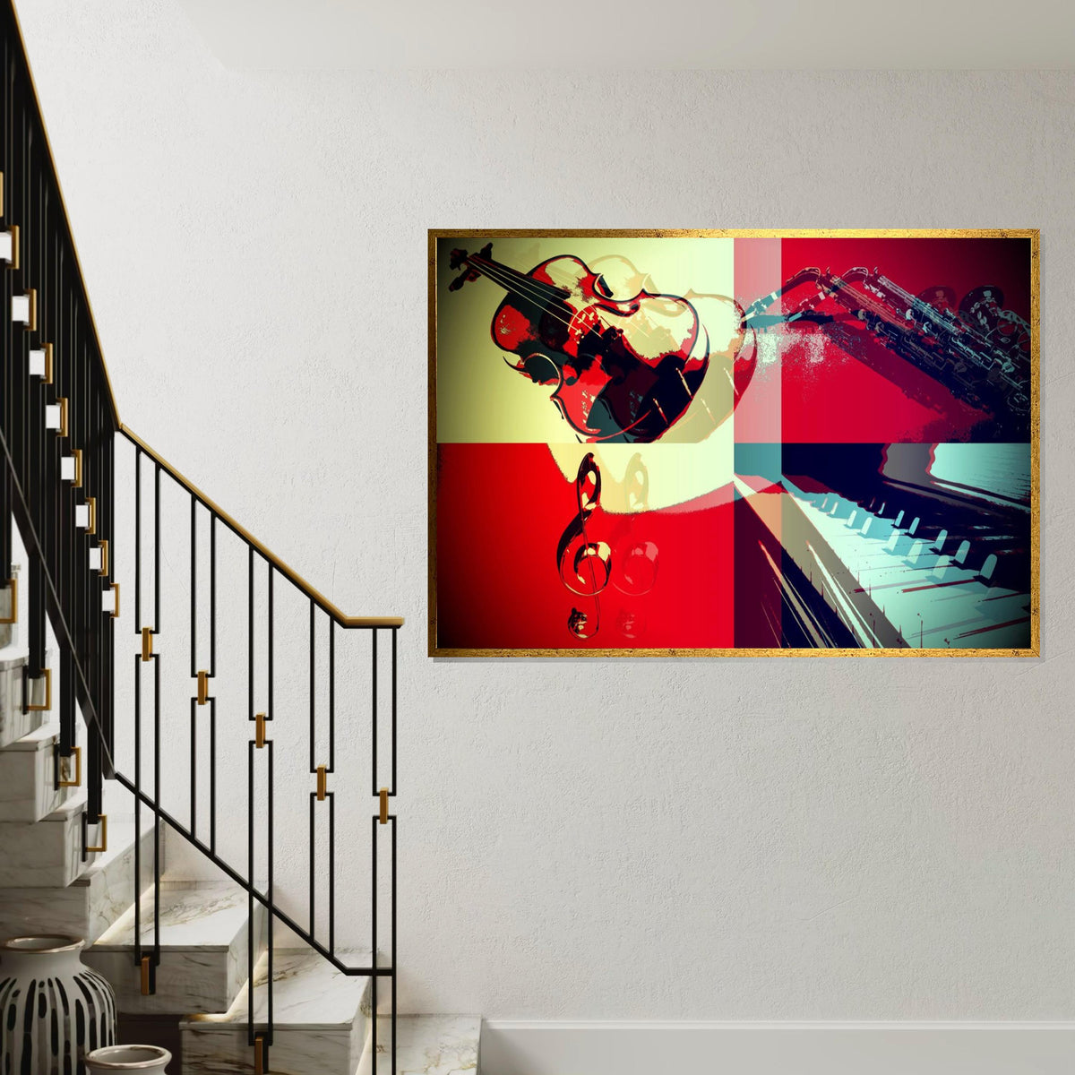 Jazz Quartet Canvas, Musical Instruments Art, Violin and Saxophone Print, Piano Wall Art, Colorful Music Decor, Ready to Hang Canvas