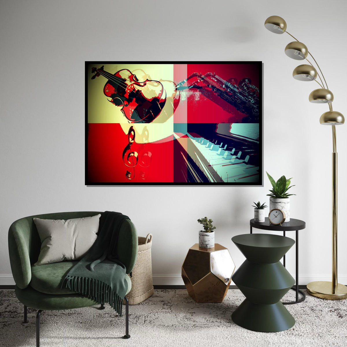 Jazz Quartet Canvas, Musical Instruments Art, Violin and Saxophone Print, Piano Wall Art, Colorful Music Decor, Ready to Hang Canvas