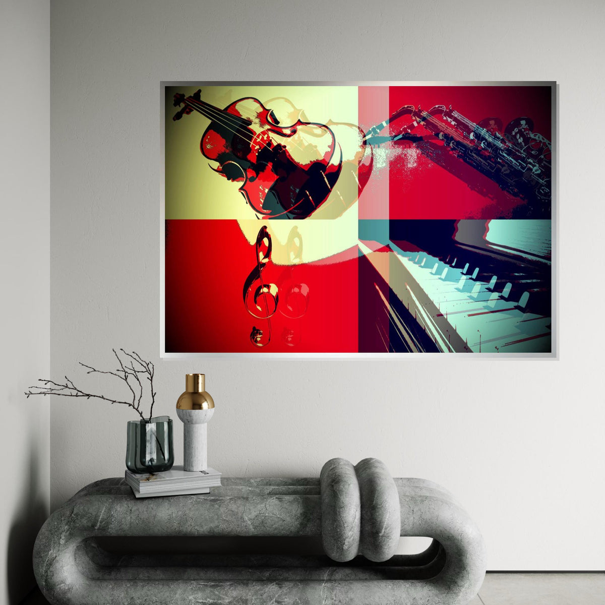Jazz Quartet Canvas, Musical Instruments Art, Violin and Saxophone Print, Piano Wall Art, Colorful Music Decor, Ready to Hang Canvas