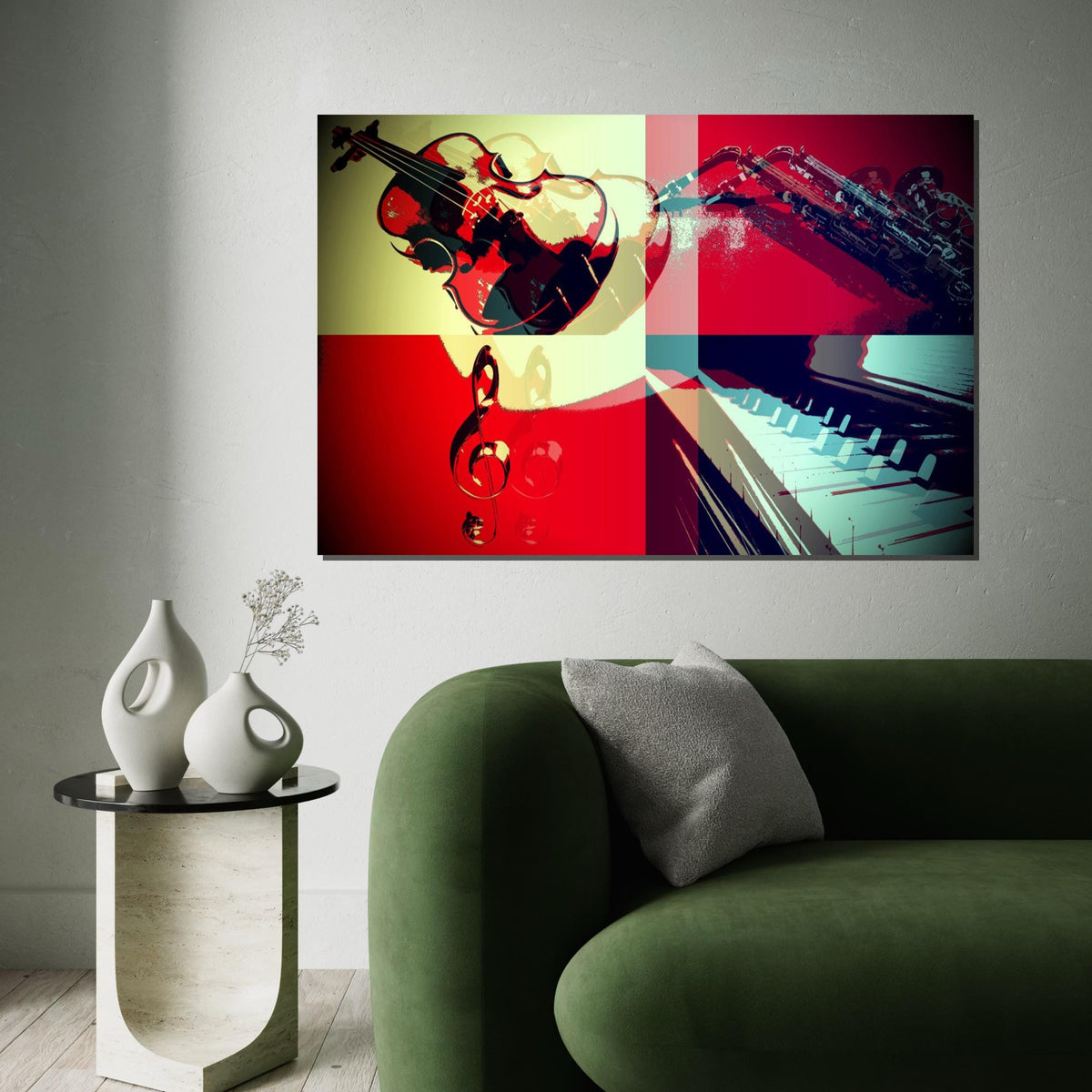 Jazz Quartet Canvas, Musical Instruments Art, Violin and Saxophone Print, Piano Wall Art, Colorful Music Decor, Ready to Hang Canvas