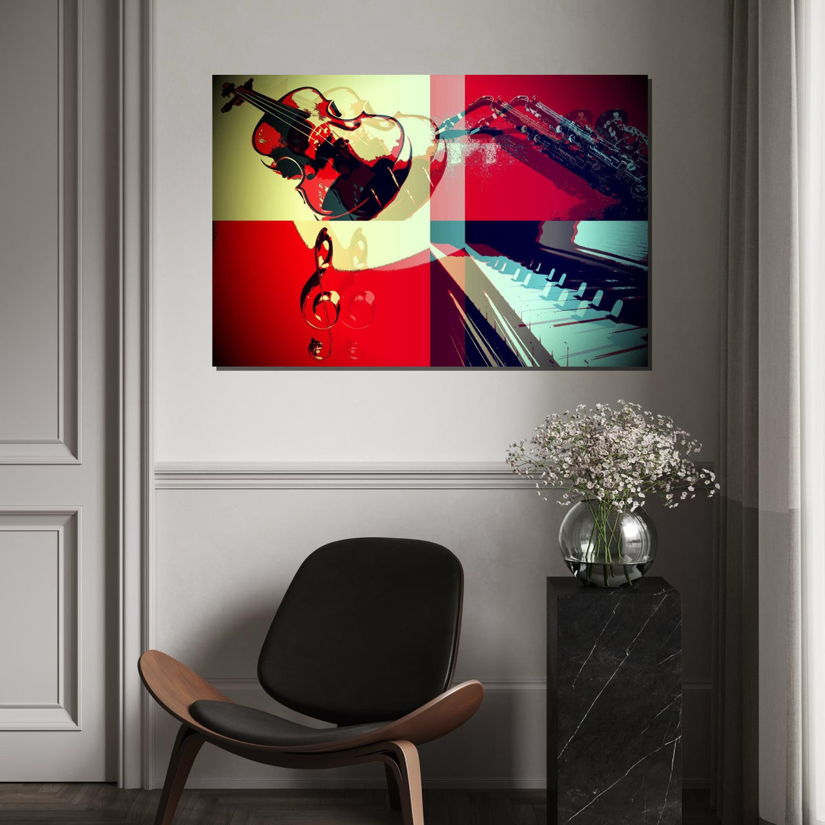Jazz Quartet Canvas, Musical Instruments Art, Violin and Saxophone Print, Piano Wall Art, Colorful Music Decor, Ready to Hang Canvas