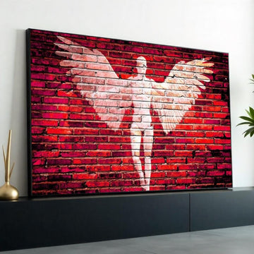 Angel Wings Canvas, Brick Wall Art, Angel Silhouette Print, Urban Wall Art Design, Red Canvas, Ready To Hang Decoration