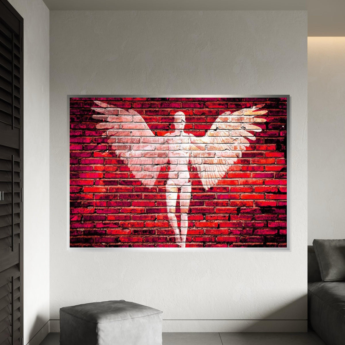 Angel Wings Canvas, Brick Wall Art, Angel Silhouette Print, Urban Wall Art Design, Red Canvas, Ready To Hang Decoration