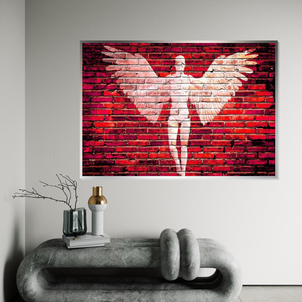 Angel Wings Canvas, Brick Wall Art, Angel Silhouette Print, Urban Wall Art Design, Red Canvas, Ready To Hang Decoration