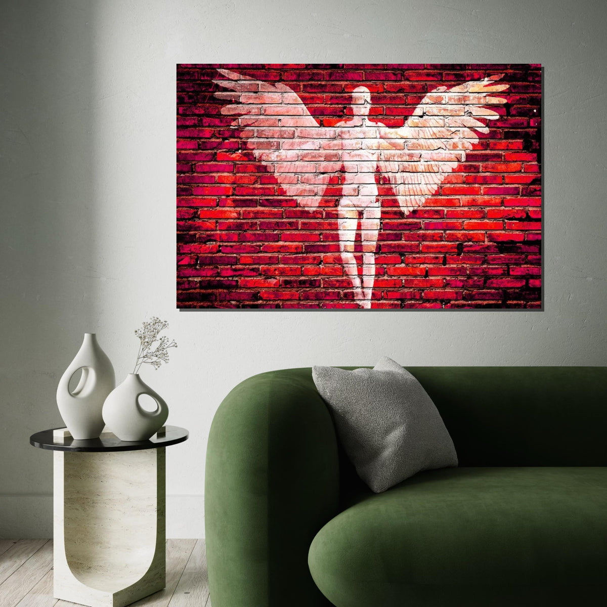 Angel Wings Canvas, Brick Wall Art, Angel Silhouette Print, Urban Wall Art Design, Red Canvas, Ready To Hang Decoration