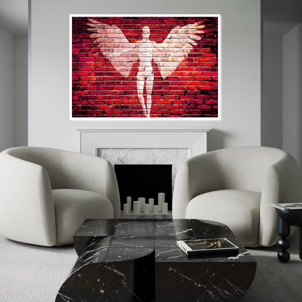 Angel Wings Canvas, Brick Wall Art, Angel Silhouette Print, Urban Wall Art Design, Red Canvas, Ready To Hang Decoration