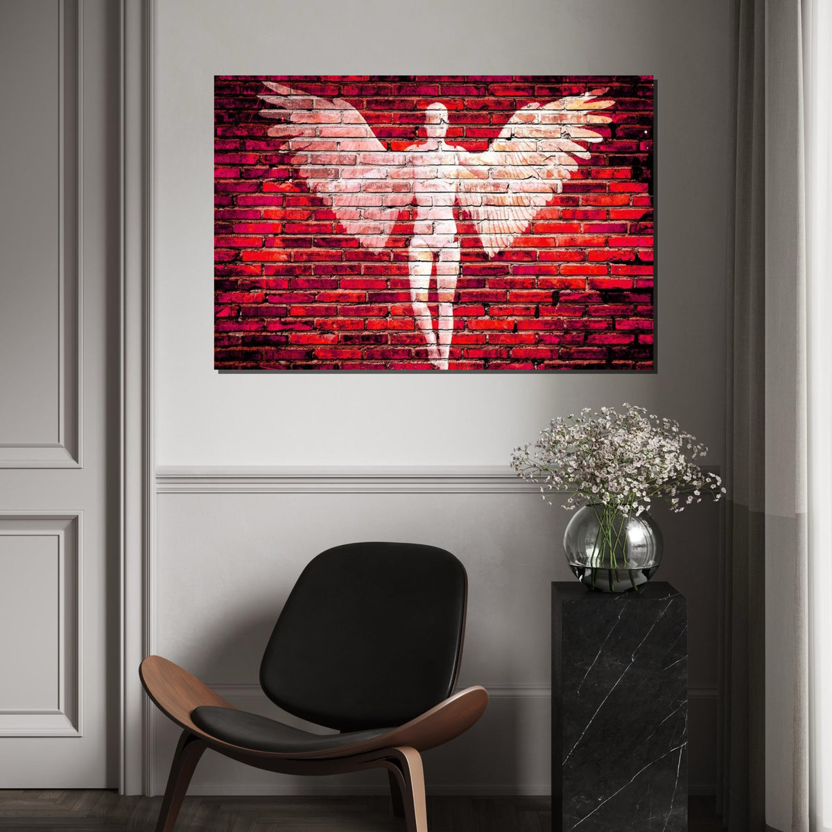 Angel Wings Canvas, Brick Wall Art, Angel Silhouette Print, Urban Wall Art Design, Red Canvas, Ready To Hang Decoration