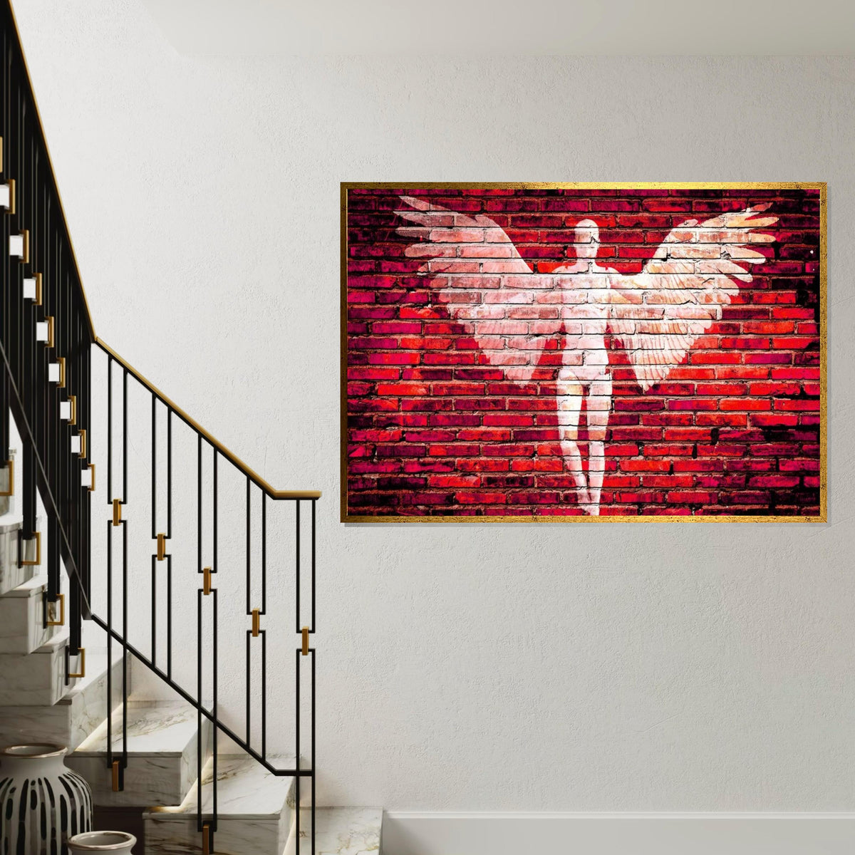 Angel Wings Canvas, Brick Wall Art, Angel Silhouette Print, Urban Wall Art Design, Red Canvas, Ready To Hang Decoration