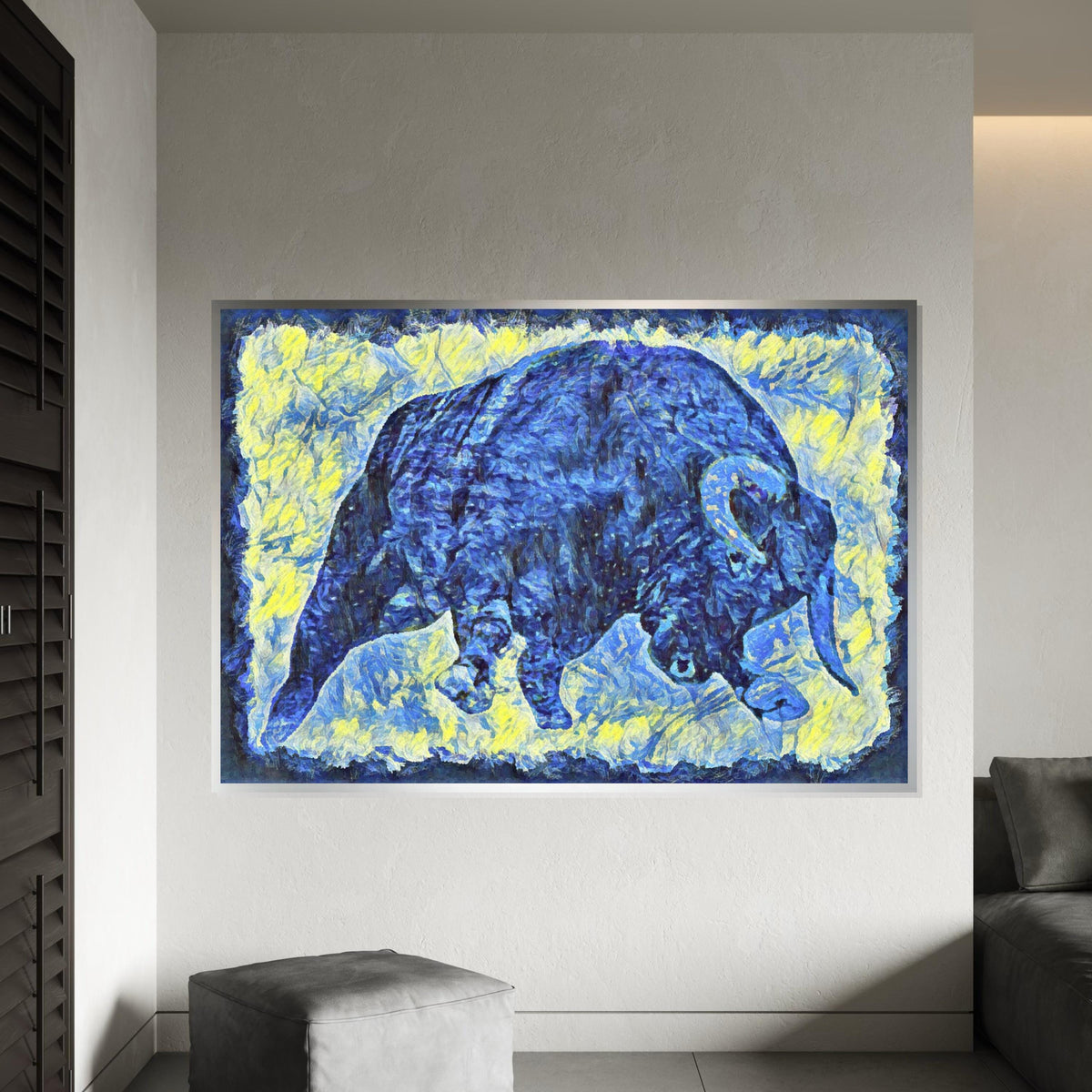 Blue Bull Canvas, Abstract Animal Art, Bold Color Wall Print, Wildlife Poster, Wall Art Canvas Design, Ready To Hang Decoration