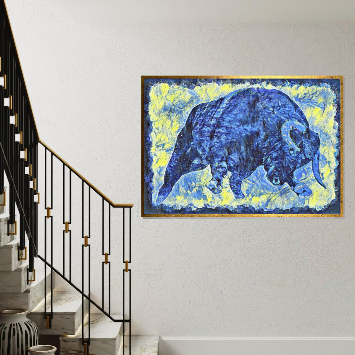 Blue Bull Canvas, Abstract Animal Art, Bold Color Wall Print, Wildlife Poster, Wall Art Canvas Design, Ready To Hang Decoration