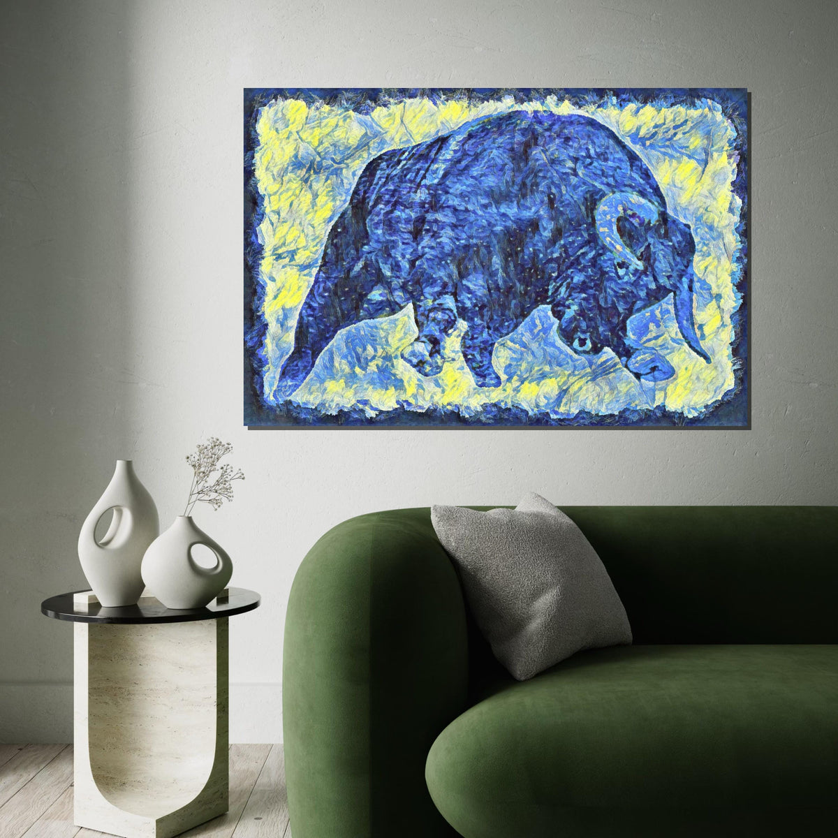 Blue Bull Canvas, Abstract Animal Art, Bold Color Wall Print, Wildlife Poster, Wall Art Canvas Design, Ready To Hang Decoration