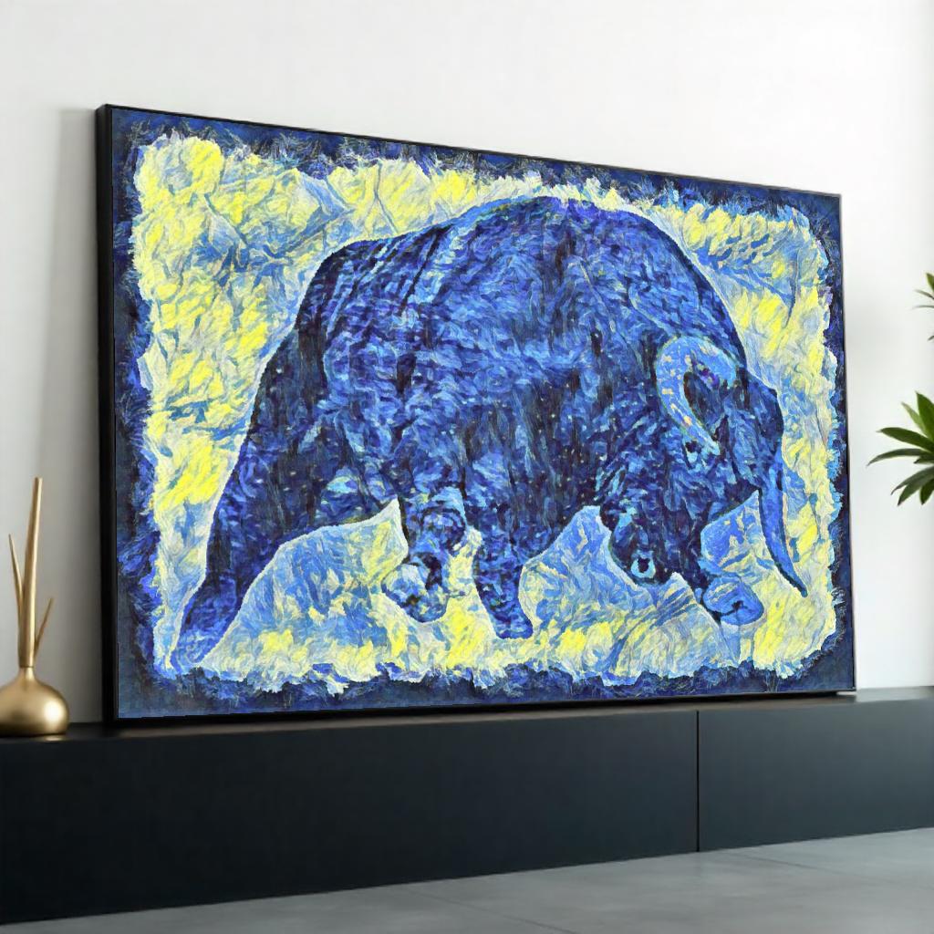 Blue Bull Canvas, Abstract Animal Art, Bold Color Wall Print, Wildlife Poster, Wall Art Canvas Design, Ready To Hang Decoration
