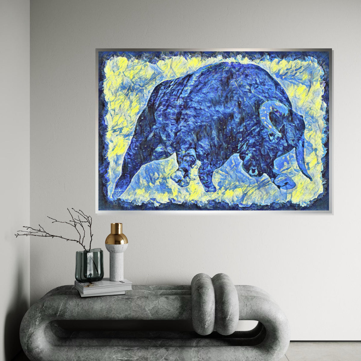 Blue Bull Canvas, Abstract Animal Art, Bold Color Wall Print, Wildlife Poster, Wall Art Canvas Design, Ready To Hang Decoration