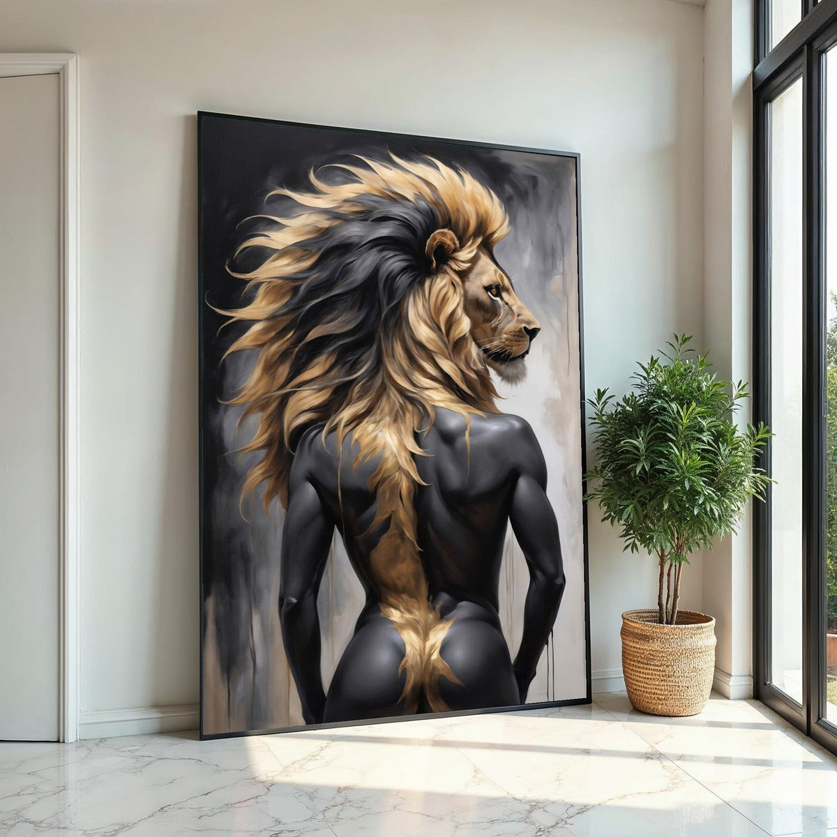 Majestic Lion Man Canvas, Lion Human Portrait Art, Wall Art Canvas Design, Unique Animal Hybrid, Ready to Hang Decoration