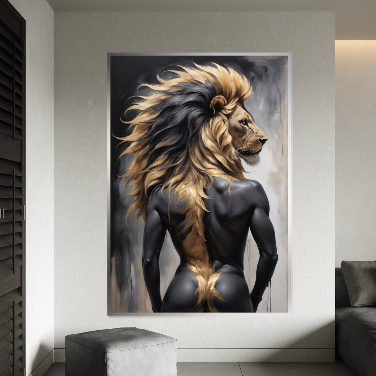 Majestic Lion Man Canvas, Lion Human Portrait Art, Wall Art Canvas Design, Unique Animal Hybrid, Ready to Hang Decoration