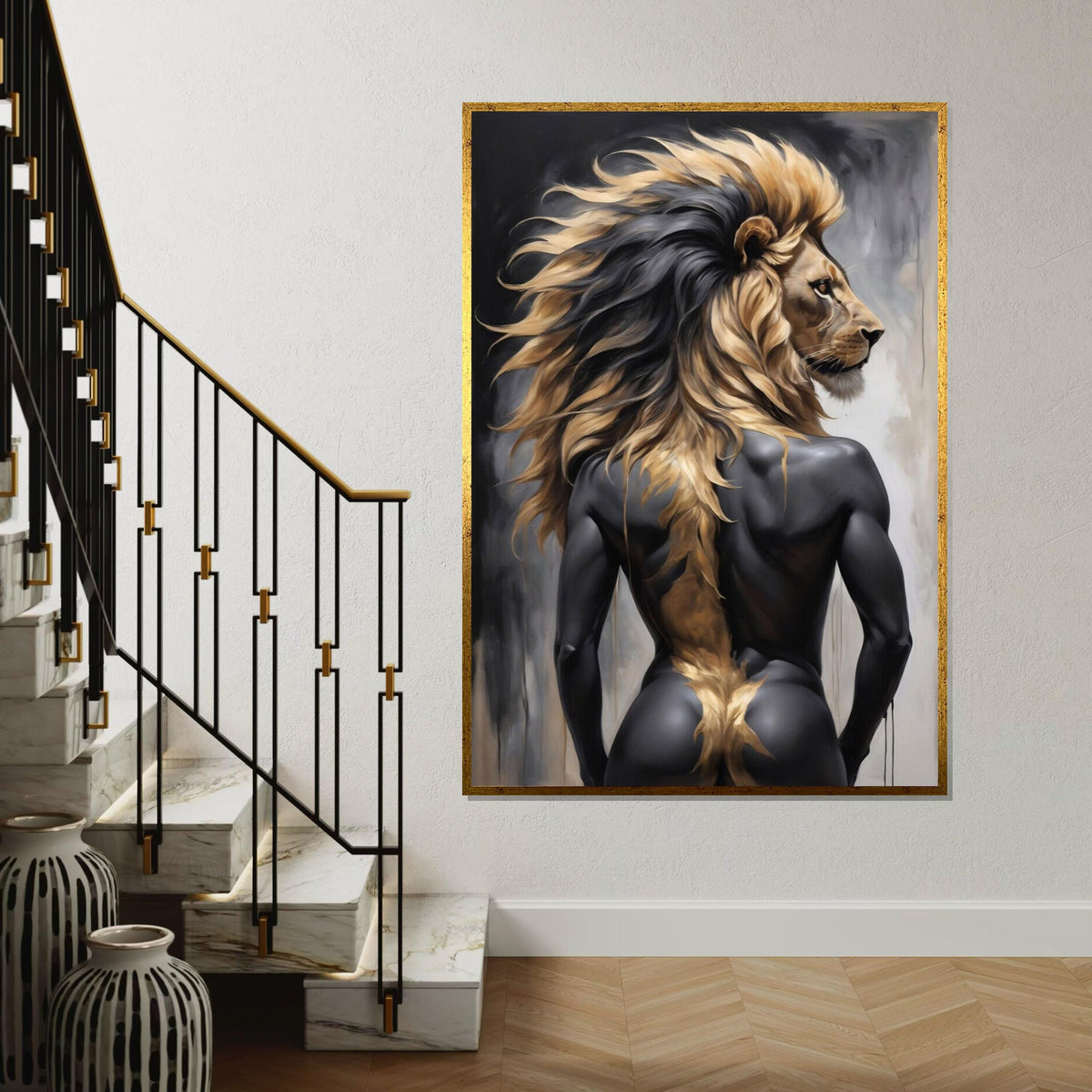Majestic Lion Man Canvas, Lion Human Portrait Art, Wall Art Canvas Design, Unique Animal Hybrid, Ready to Hang Decoration