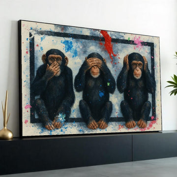 Three Wise Monkeys Canvas, Hear No Evil Art, See No Evil, Speak No Evil, Animal Wall Art, Splatter Paint Decor, Ready to Hang