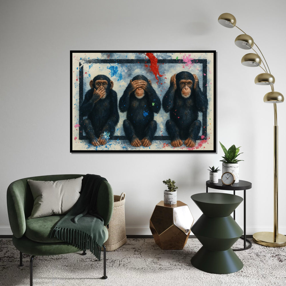 Three Wise Monkeys Canvas, Hear No Evil Art, See No Evil, Speak No Evil, Animal Wall Art, Splatter Paint Decor, Ready to Hang