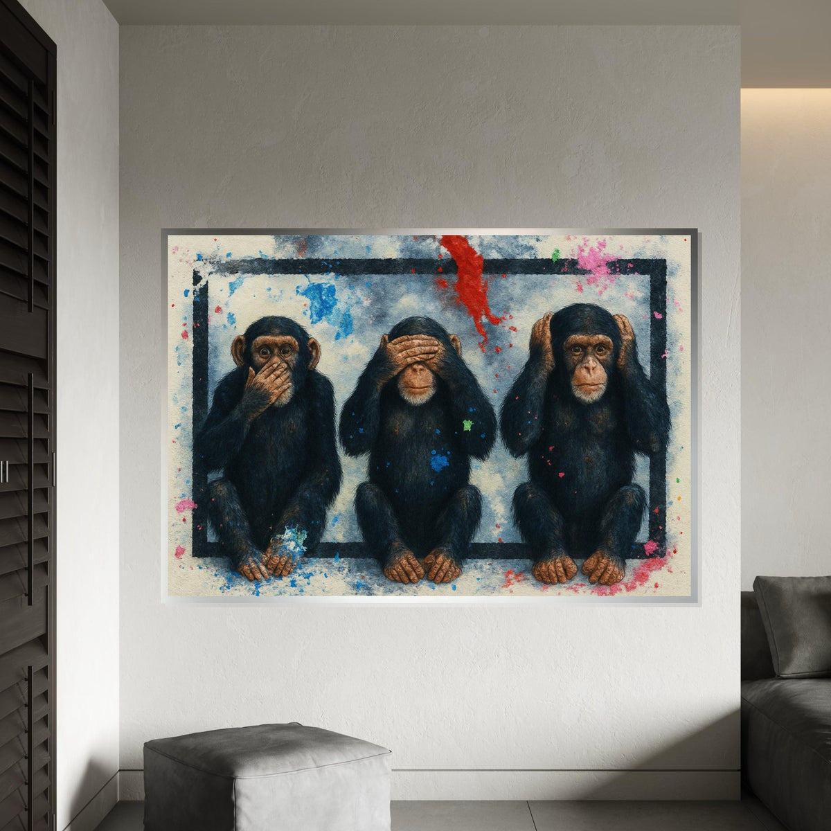 Three Wise Monkeys Canvas, Hear No Evil Art, See No Evil, Speak No Evil, Animal Wall Art, Splatter Paint Decor, Ready to Hang