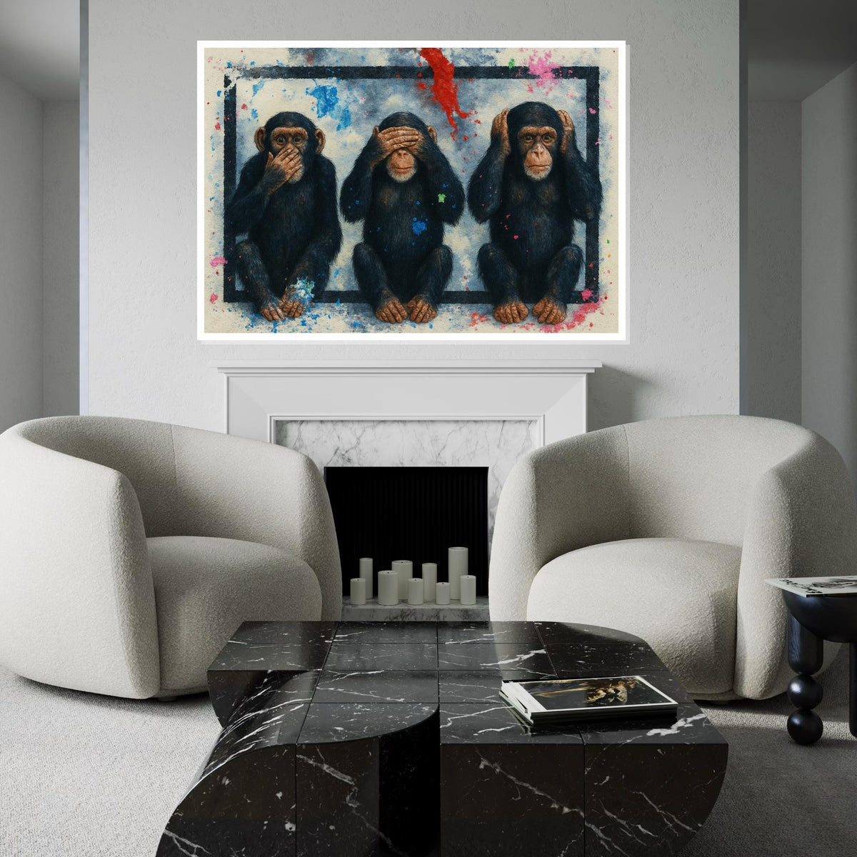 Three Wise Monkeys Canvas, Hear No Evil Art, See No Evil, Speak No Evil, Animal Wall Art, Splatter Paint Decor, Ready to Hang