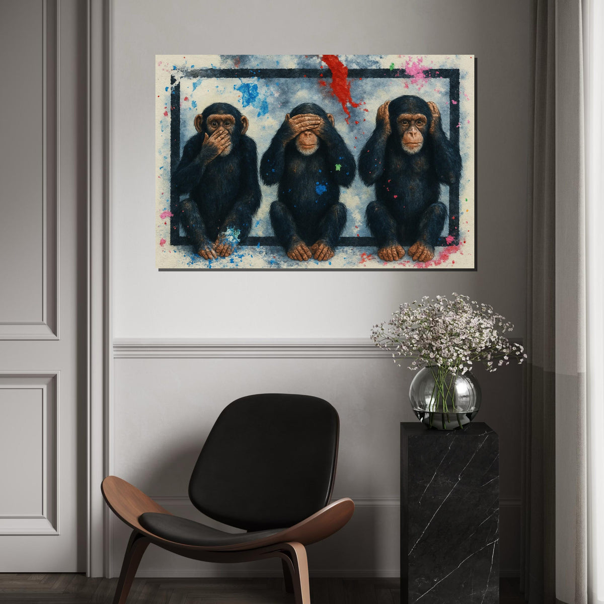 Three Wise Monkeys Canvas, Hear No Evil Art, See No Evil, Speak No Evil, Animal Wall Art, Splatter Paint Decor, Ready to Hang