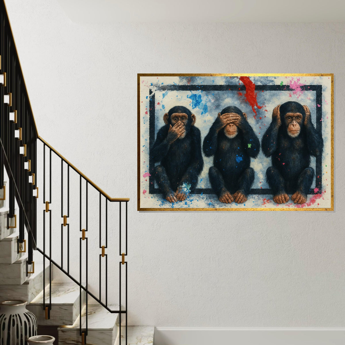 Three Wise Monkeys Canvas, Hear No Evil Art, See No Evil, Speak No Evil, Animal Wall Art, Splatter Paint Decor, Ready to Hang