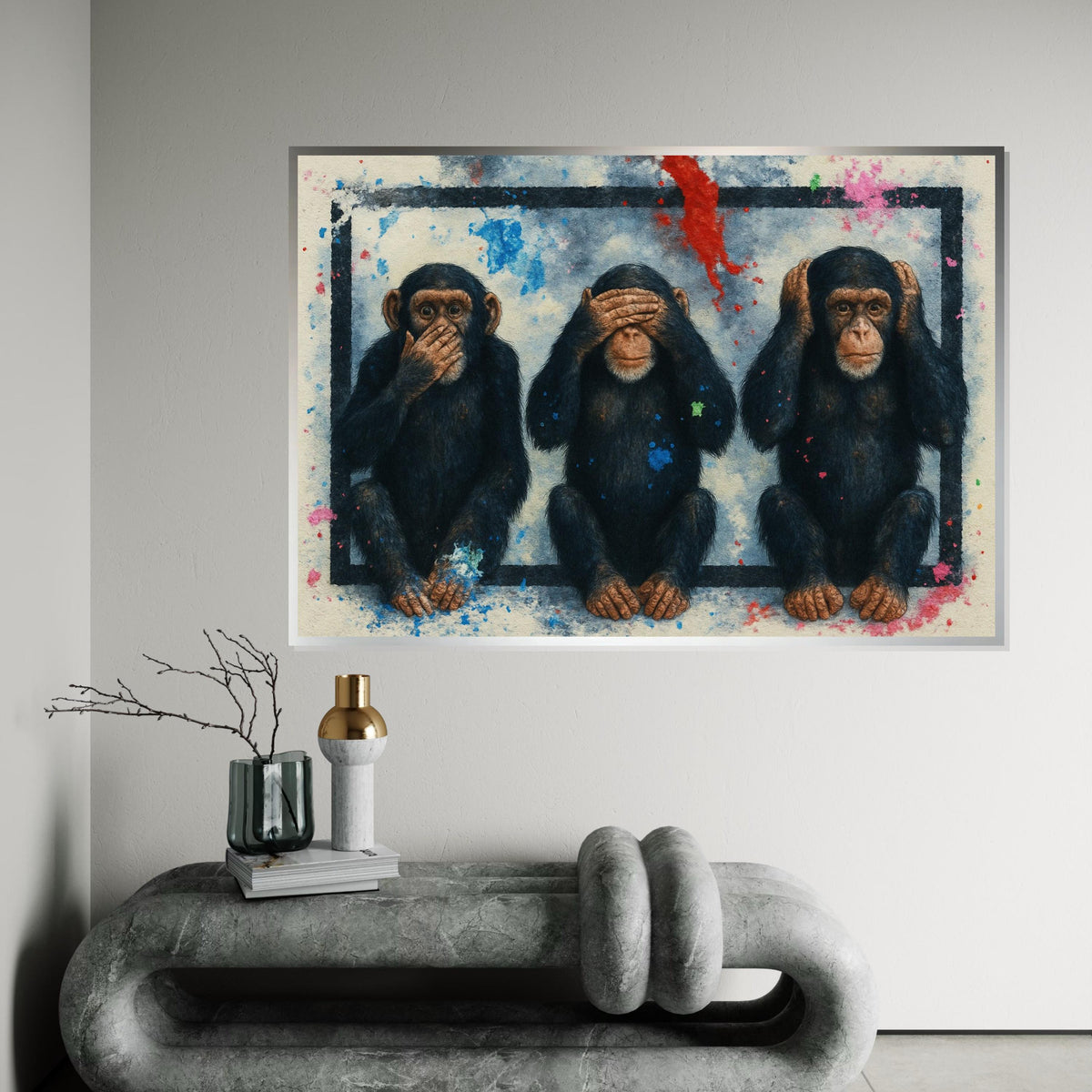 Three Wise Monkeys Canvas, Hear No Evil Art, See No Evil, Speak No Evil, Animal Wall Art, Splatter Paint Decor, Ready to Hang