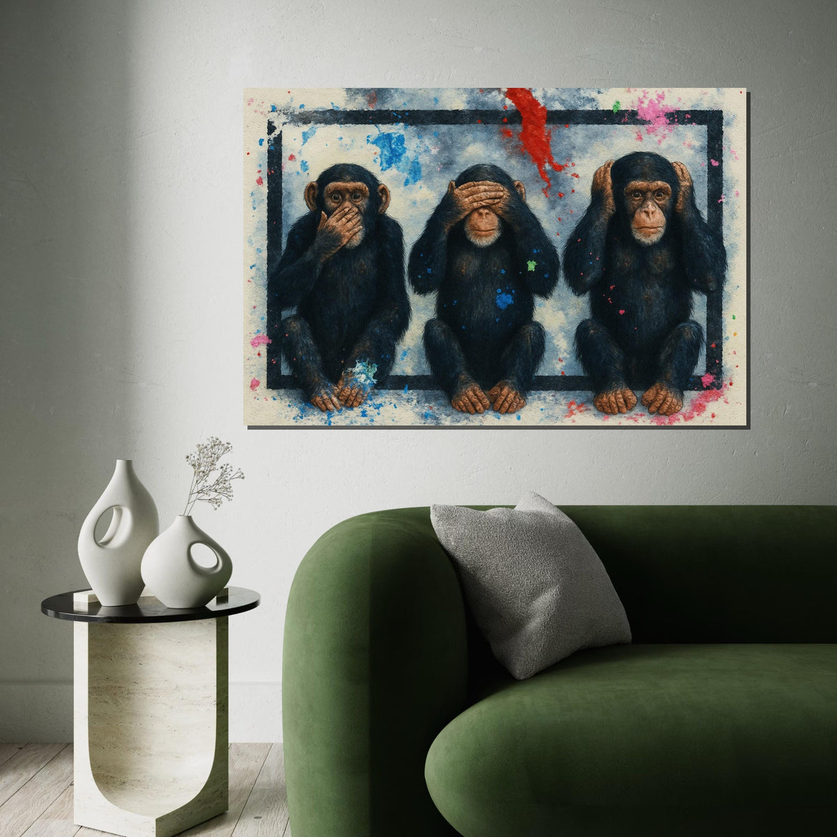 Three Wise Monkeys Canvas, Hear No Evil Art, See No Evil, Speak No Evil, Animal Wall Art, Splatter Paint Decor, Ready to Hang